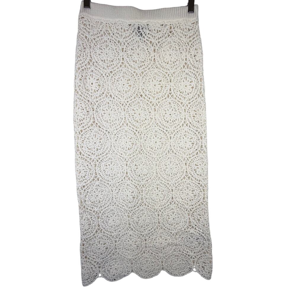 J.Crew Crochet Sweater Skirt Womens XS Ivory Cream Knit Midi Fitted Boho Coastal - Picture 2 of 6